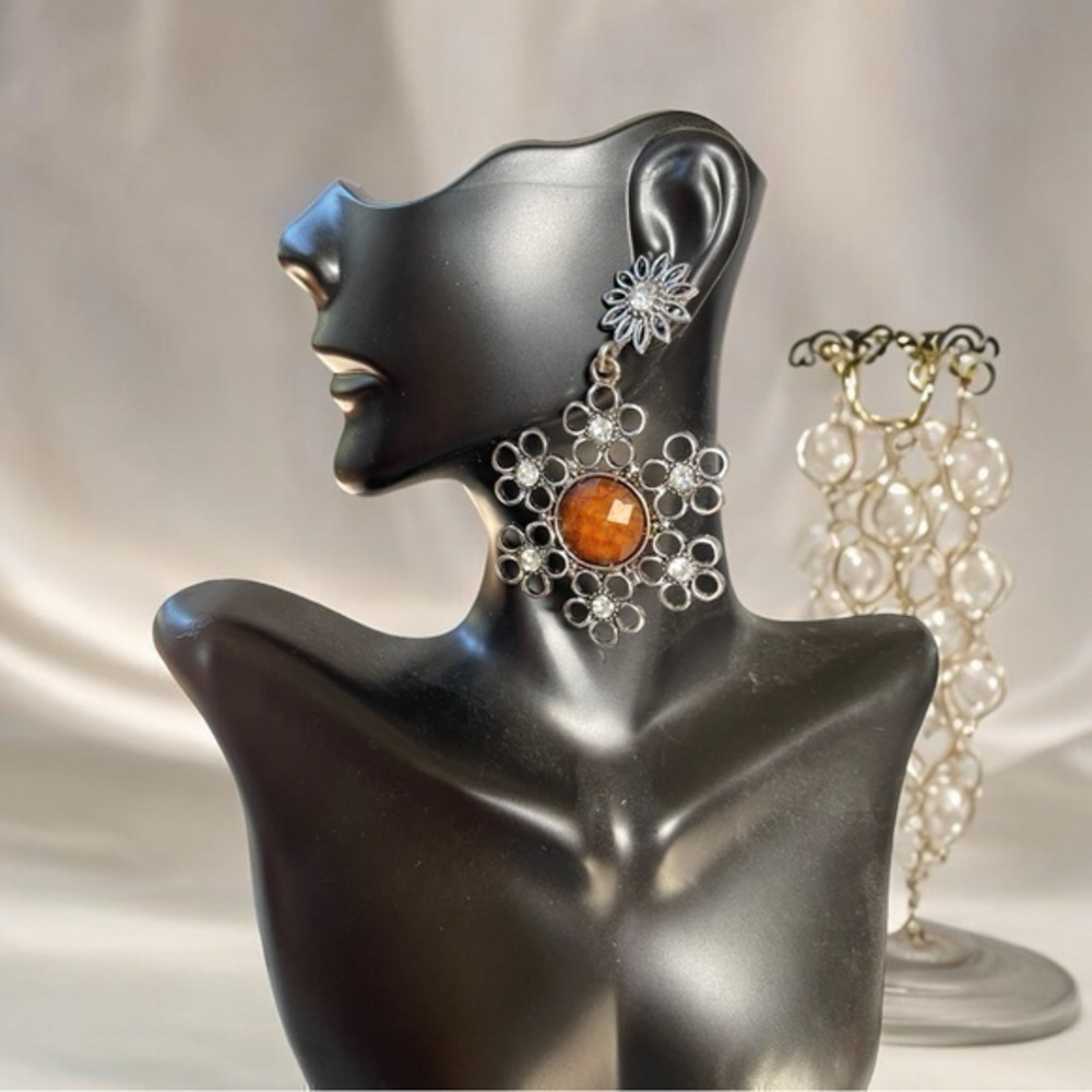 Vintage Bronze Flower Earrings with Faux Amber Stones